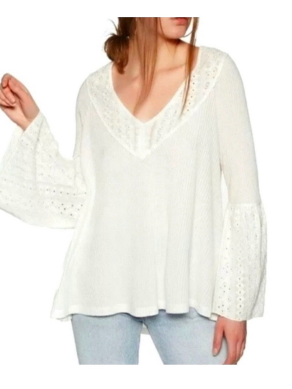 Free People Tops Boho Thermal Parisan Nights Eyelet Lace Bell Sleeve Medium